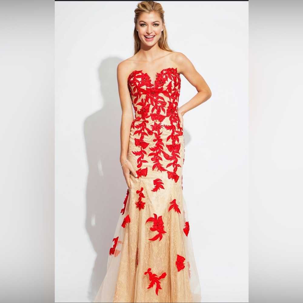 Jovani Red and Cream Strapless Gown for Prom